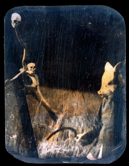 Plate R18: skeletons and a fox-masked figure