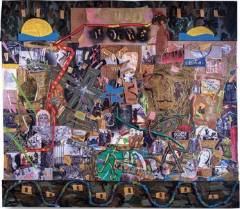 Collage on a camouflage vinyl tarp