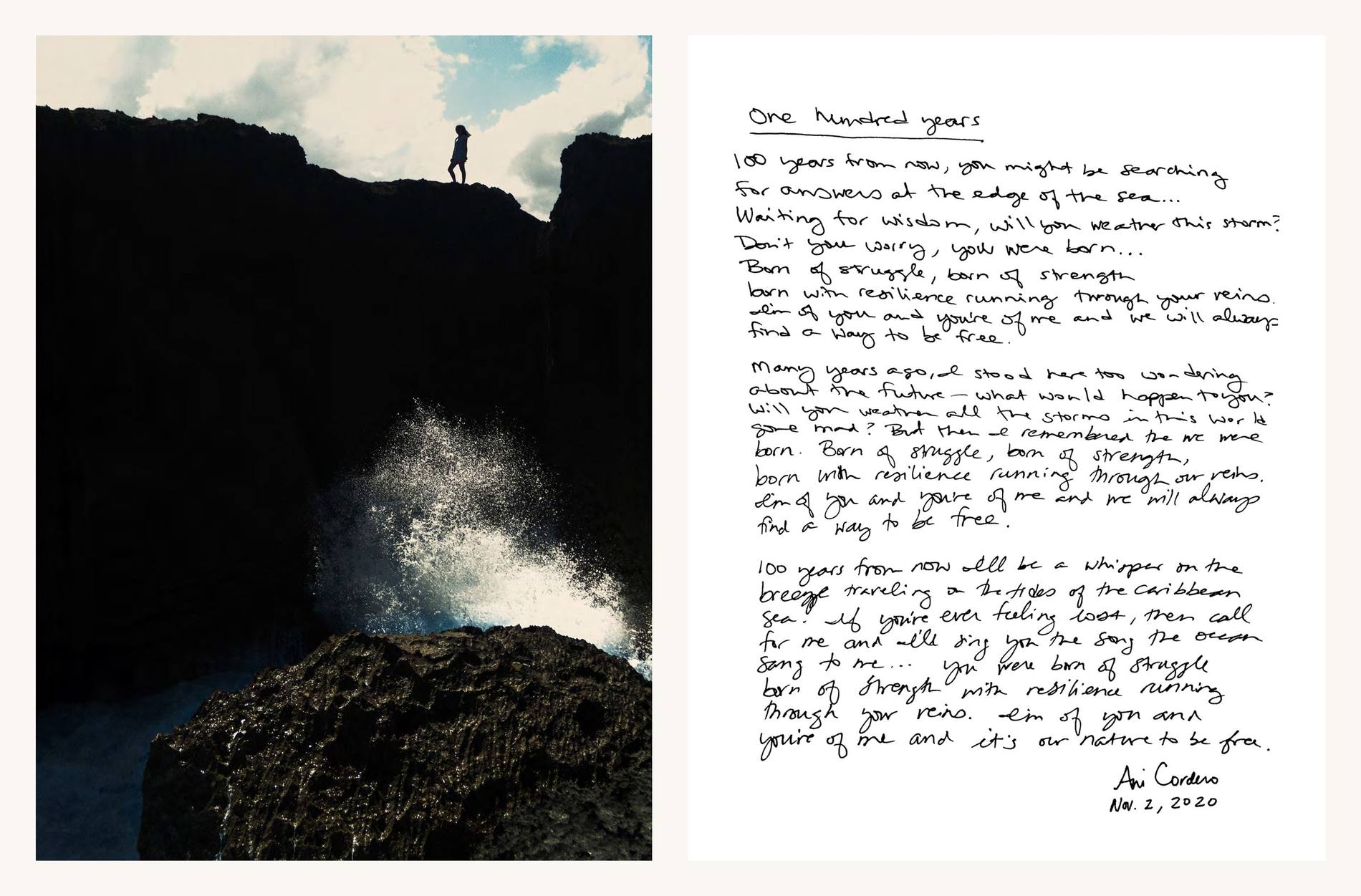 A figure on a cliff above breaking surf, beside a handwritten letter