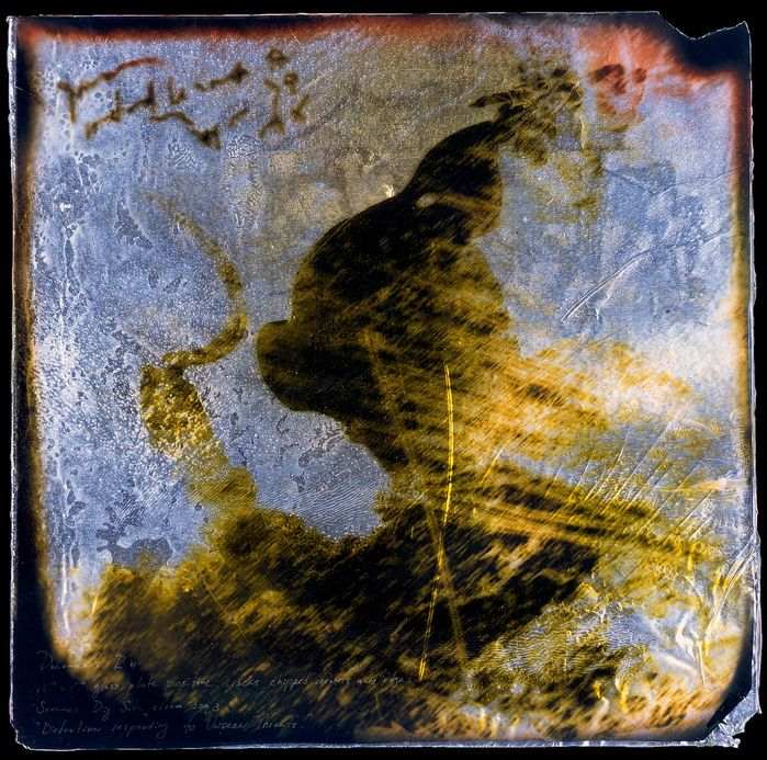 A corroded plate: a dark figure over silvered ground