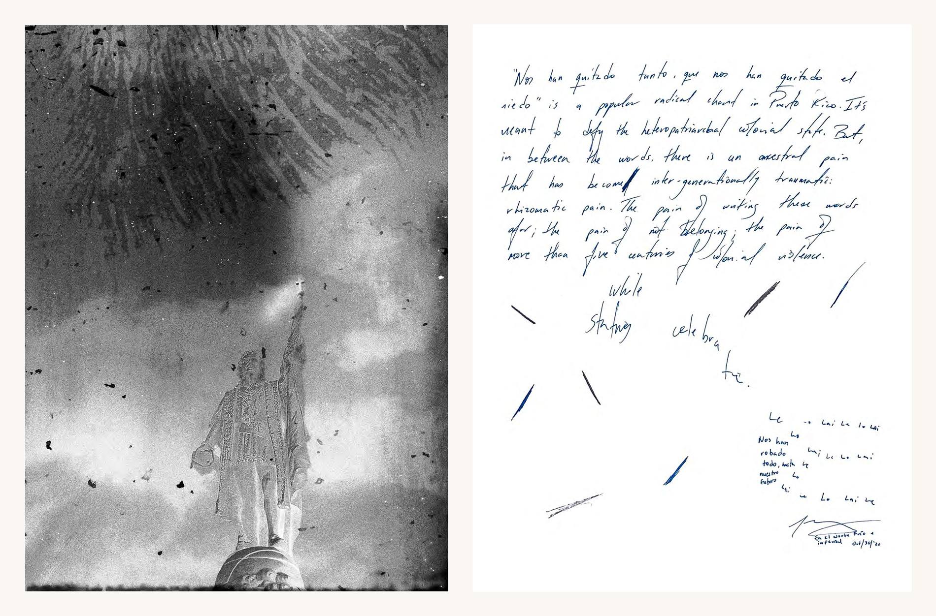 A dissolving statue of Columbus beside a handwritten letter