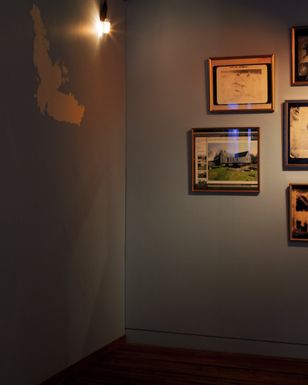 The plaster bat and night light beside framed photographs