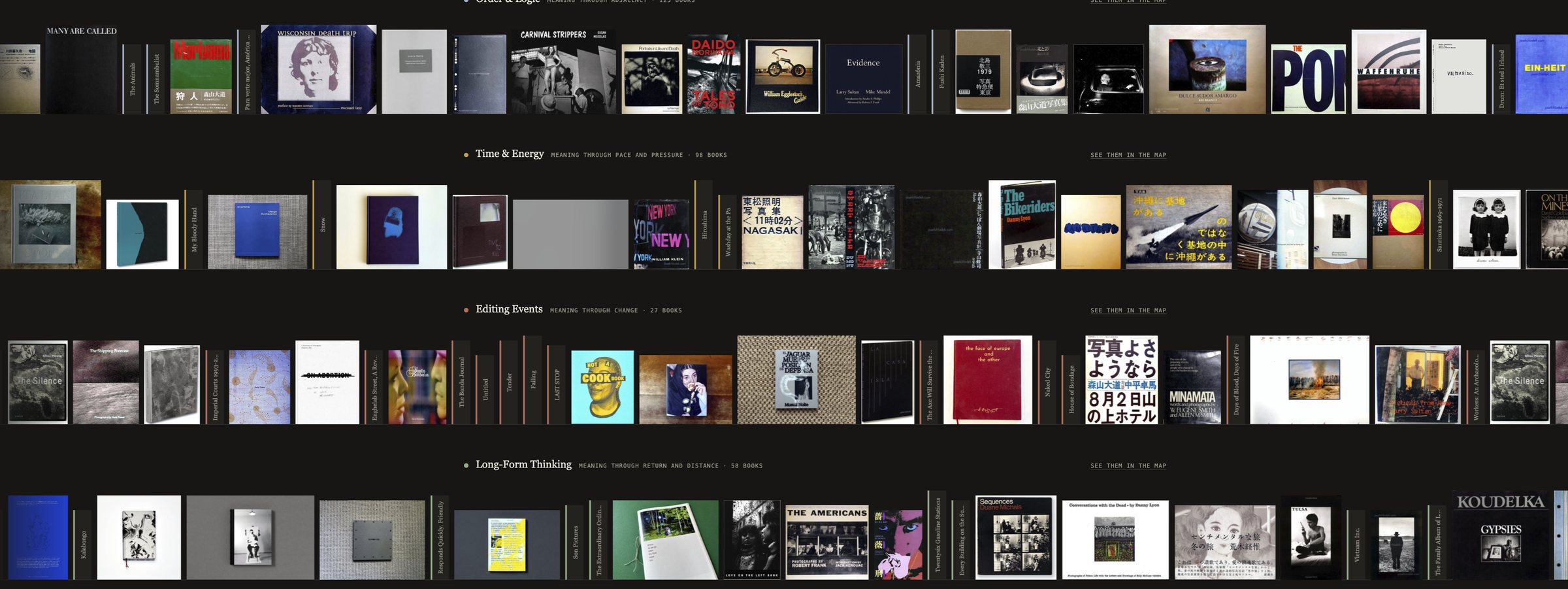 The Book club shelves: photobook covers and spines in rows, grouped under headings such as Time and Energy, Editing Events and Long-Form Thinking