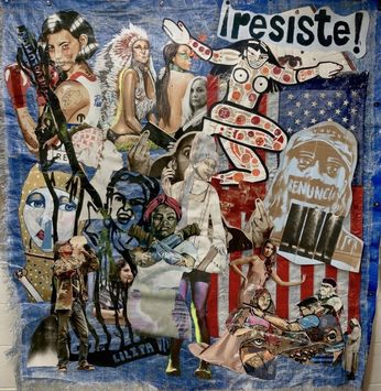 ¡resiste!, collage on a blue vinyl tarp