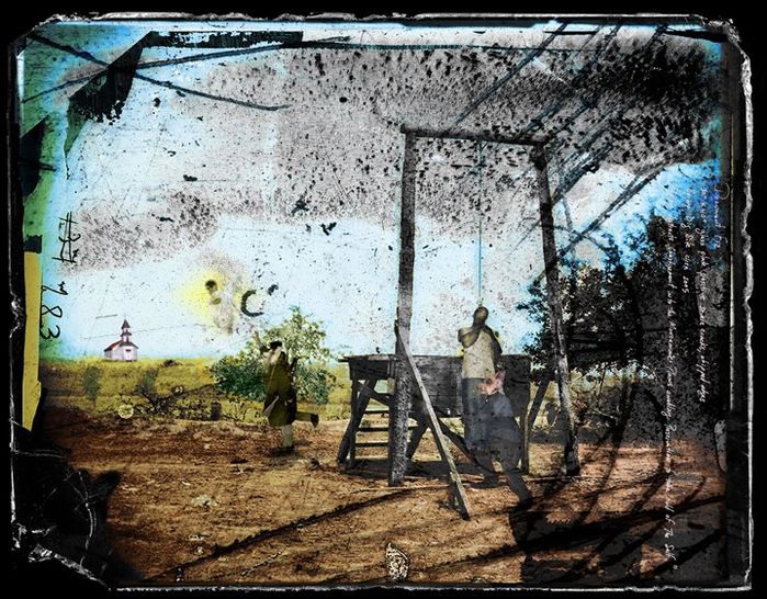 Plate F12: a gallows in a field, a church in the distance